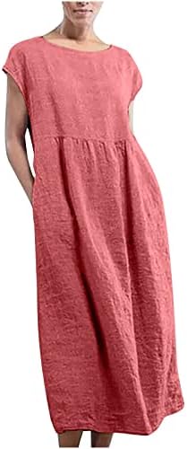 Doamnelor Culoare solidă lenjerie de bumbac Rochie Casual lenjerie liberă rochie Maxi pentru femei Rochii de vară buzunare