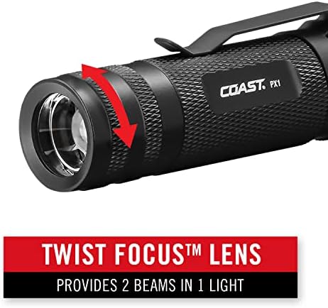 Coast PX1 565 Lumen pur fascicul de focalizare LED lanterna cu Twist Focus și Clip de buzunar reglabil