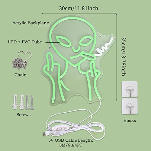 GREMAG Alien Neon Sign, LED Neon Light Dimmable, Green Neon Alien Sign, LED Wall Art USB Powered, Green Wall Decor Light pentru