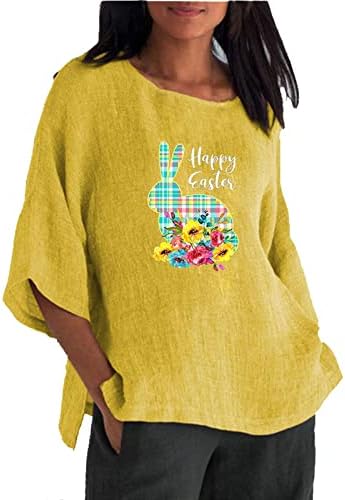 Femei Bumbac lenjerie T-Shirt Happy Easter 3/4 maneca Tees Top moda rotund gat iepure imprimare Pulovere pentru femei