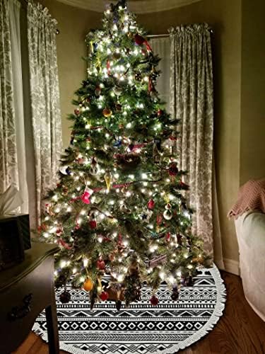 Fustă mare de copac Aztec Alb negru cu ciucuri, decorațiuni de copaci de Crăciun fermă pentru toate sezonurile de sărbători