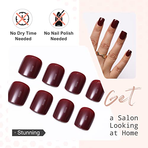 Apăsați pe unghii Square Square - Kikmoya Burgundy Solid Solid Glossy Fals Fake Nails - 24pcs Stochoval Stick on Nails for