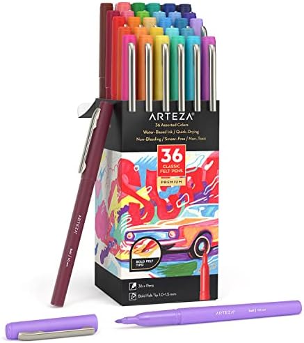 Stilouri ARTEZA Felt Tip, Set de 24, culori luminoase și Neon, vârf din fibră de 1,0–1,5 mm, cerneală pe bază de apă cu uscare rapidă, consumabile de artă pentru școală, birou și casă
