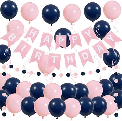 Decorațiuni de naștere albastru bleumarin și roz cu banner de naștere la mulți ani, baloane albastru bleumarin și roz, ghirlandă