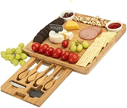 Glisați set de cadouri de tăiere a brânzei și cuțit, platou de brânză de brânză, platou cu carcasă de bambus care servește