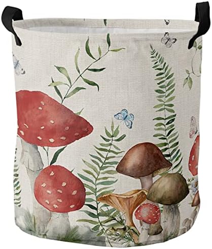 Coș mare de rufe 16, 5x17in, ciupercă roșie impermeabil sac de haine murdare coș cu mânere, Flori de plante verzi fluture pânză