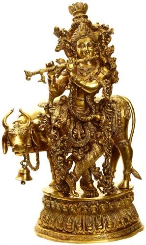 India exotică XI43 Lord Krishna cu o vacă și sculptura lui de flaut-alamă, galbenă