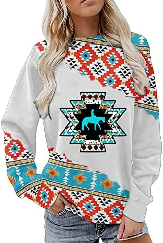 Aztec imprimare tricou pentru femei Crewneck Cowgirl haine Vest etnice stil geometrice imprimate Casual Pulover