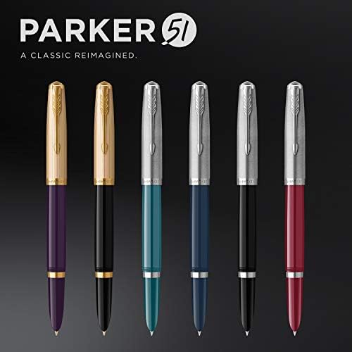Parker 51 Fountain Pen | Butoiul albastru de miezul nopții cu tăieturi cromate | Nib fin cu cartuș de cerneală neagră | Cutie