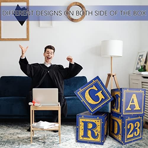 Cutie de carte de absolvire-Set de 4 cutii cu baloane albastru regal și auriu cu GRAD șiclasa 2023 scrisori Cutii de absolvire