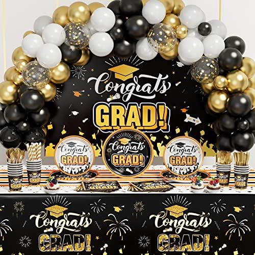 Decoratiuni de absolvire clasa 2023 - 278buc consumabile pentru petrecerea de absolvire din aur negru cu set de tacamuri de