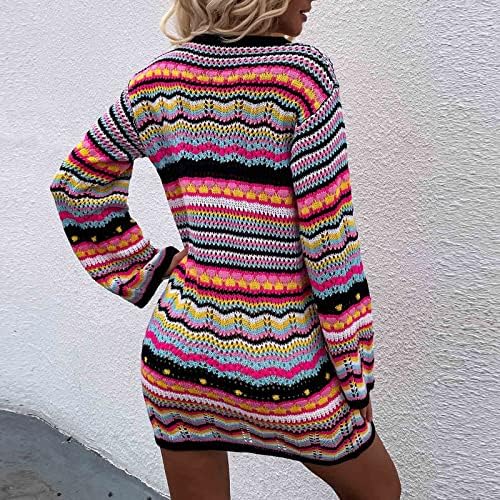 Shusuen femei Stripe culoare bloc pulover scurt maneca lunga împletit culoare echipajul gât vrac tricotate pulovere Jumper