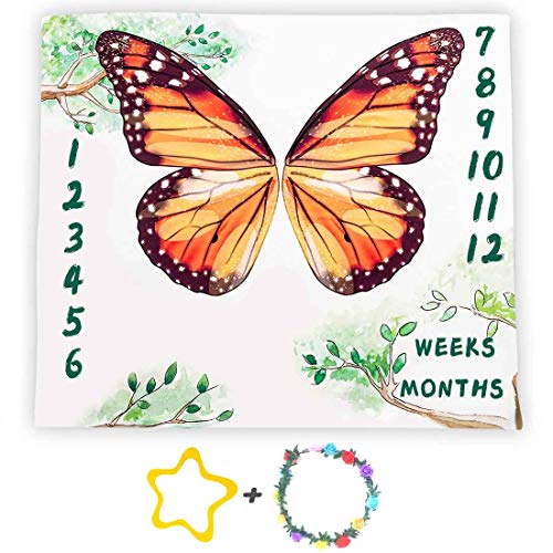 Fluture aripi copil lunar Milestone pătură moale flanel, mare 48x40in, plante acuarelă fotografie Fundaluri, Baby Shower creștere