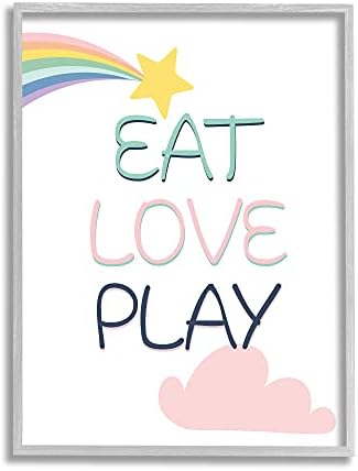 Stupell Industries Eat Love Play Phrase Shooting Star Rainbow Sky, proiectat de Kim Allen Gray Framed Wall Art, 11 x 14, Alb