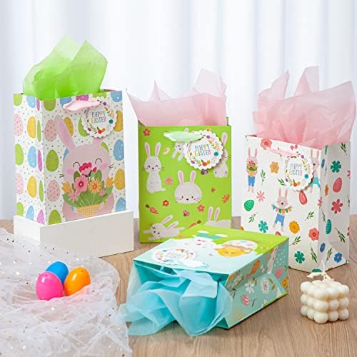 12 buc Pungi cadou de Paște w. 12 buc hârtie absorbantă & etichete de Paște, Pungi cadou de iepuraș de Paște W. mânere, pungi