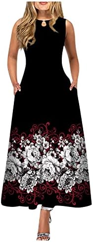 Moda de primăvară pentru femei 2023, imprimare Casual pentru femei rochie cu tiv mare rochie lungă fără mâneci cu gât rotund
