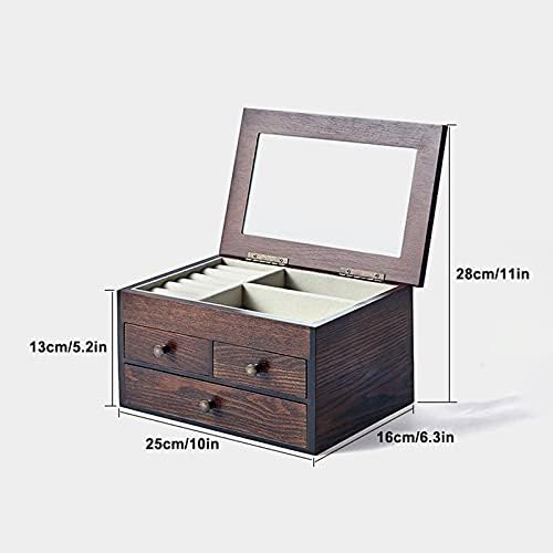 EMERS rafinat - cutie de bijuterii cutie de bijuterii cu 3 niveluri cu oglindă organizator de bijuterii din lemn Cutie de depozitare