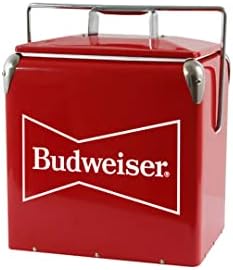 Budweiser Vintage Cooler dur, piept retro cu gheață cu deschizător de sticle atașat, exterior metalic izolat cu mâner de auto-blocare,