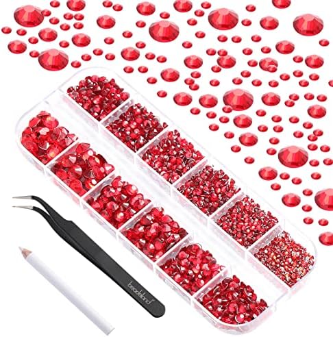 Beadsland Rinones pentru machiaj, 8 dimensiuni 2500 pcs roșii roșii roșii pietre pentru ochi pentru unghii meșteșuguri cu pensetă