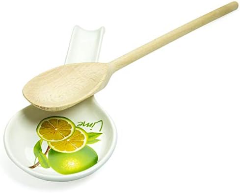 Lămâie lime lingură ceramică odihnă alb pentru aragaz de bucătărie cu lingură de lemn pentru gătit - Set cadou unic de bucătărie