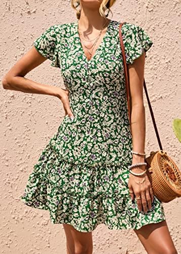 KIRUNDO 2023 Rochii de vară pentru Femei, Cu mânecă scurtă, cu gât în V, cu talie înaltă, cu imprimeu Floral, Mini rochie de