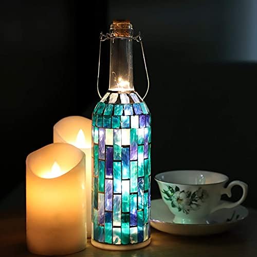 Lumini de sticlă de vin Holitown, Blue Strip Mosaic Lantern, sticlă decorativă manuală, bateria alimentate pentru petrecere
