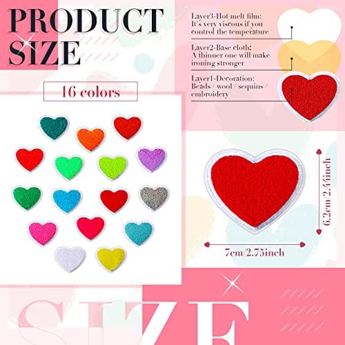 16pcs Valentine Chenille Fier pe patch -uri de paiete, inimă plasture colorat de strasuri colorate Patch Coase On Patch Love