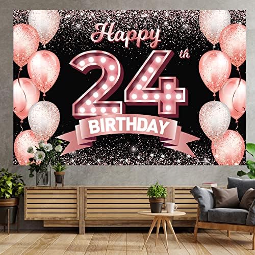 Fericit 24 de ani Rose Gold Banner fundal noroc la 24 de ani Confetti baloane tema decor decoratiuni pentru femei 24 de ani