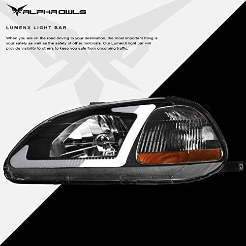 Alpha Owls 8711972 faruri de cristal cu bară de lumină LED albă-negru chihlimbar se potrivește 1996-1998 Honda Civic