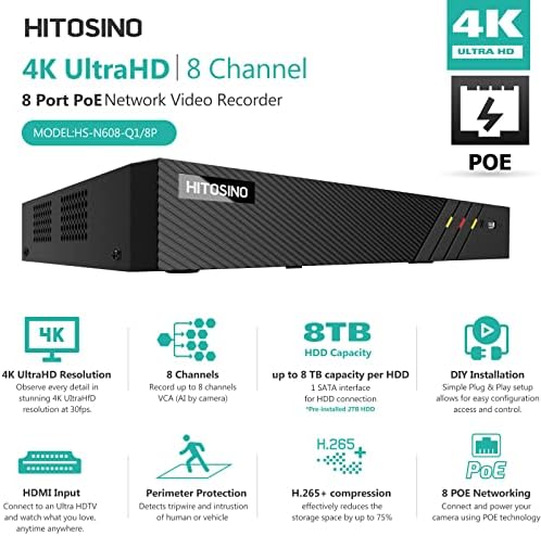 4K 8CH Regiar Video Recorder NVR Sistem de camere de securitate la domiciliu, compatibil cu camerele IP Hikvision/Hitotosino