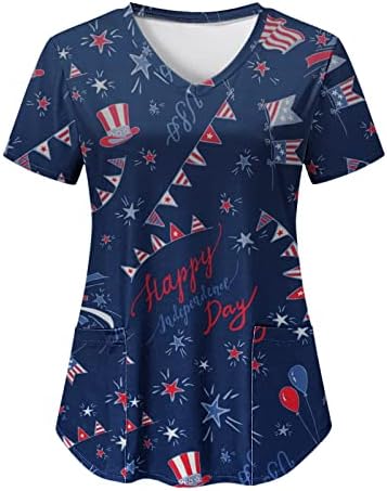 4 iulie bluza pentru femei vara maneca scurta V Neck tricouri cu 2 buzunare USA Flag Workwear vacanță Casual bluza Top