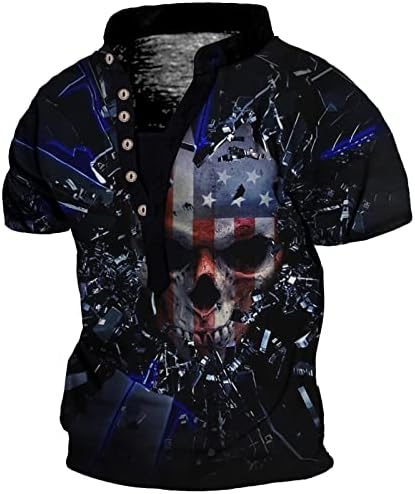 T Shirt bărbați Bărbați American 4 iulie independente zi 3D imprimare Henley T Shirt buton maneca scurta Topuri Mens subțire