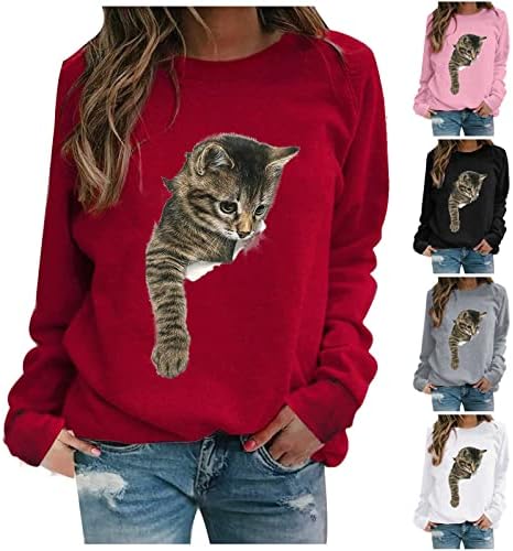 Femei 3D Cat Print Tricou Topuri Cute Cat în buzunar Grafic Tee pulover bluza Casual maneca lunga Crewneck tunica Tricouri