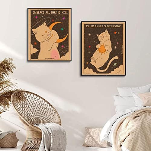 2 buc de carte de tarot Retro Poster de imprimare pe pânză Soare Lună pisică artă de perete Hippie estetică boemă Decor Cameră