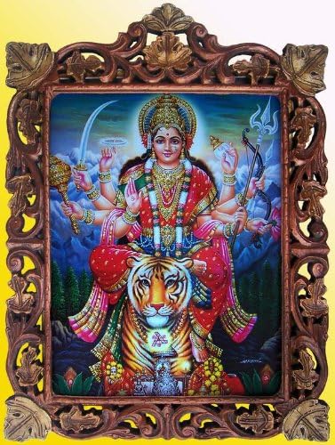 Hindus Godess Maa Vaishano Devi cu Leul său & amp; dând binecuvântare pictura Poster în lemn meserii Cadru