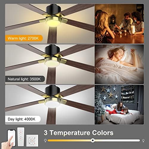 Ventilatoare de tavan adiuive de 52 inch cu lumini și telecomandă, 5 lame cu profil scăzut ventilator de tavan inteligent cu
