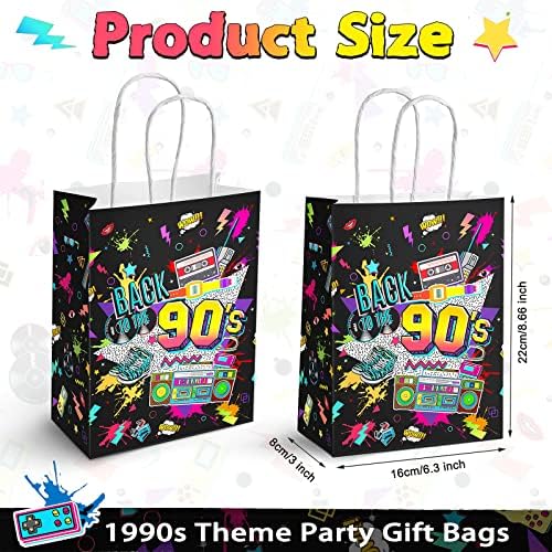 16 piese 90s Party Favors Gift Bag 90s pungi de hârtie cu mânere 90s Party Decoratiuni 90s ziua de nastere tematice hârtie