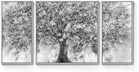 Arta de perete de pânză de copac încadrat: 3 piese abstracte argintii gri argintii gri natură copac de viață pictură de arțar