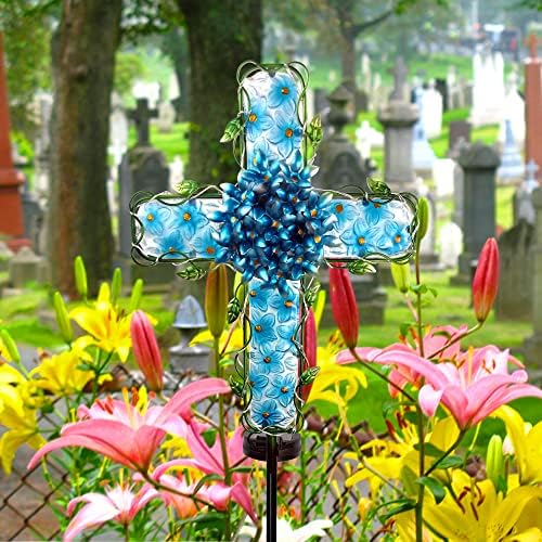 COOZZYHOUR Solar Cross Garden Lights decorative în aer liber-Solar Metal & amp; Glass Cross Blue Hydrangea Flower Stake Lights-impermeabil