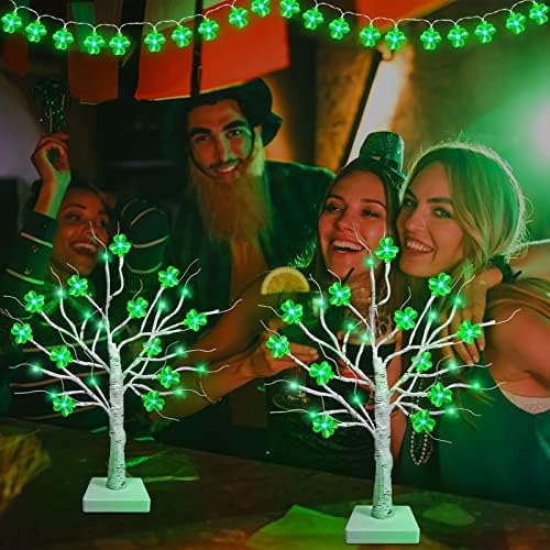 TURNMEON [2 Pachet & amp; Timer] St. Patrick 's Day Tree decoratiuni 18 Inch Tabletop luminat mesteacan cu Lucky Shamrocks
