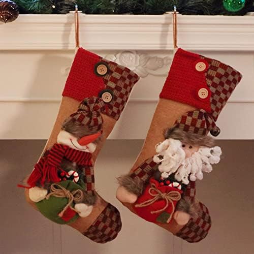 Easfan 2pcs ciorapi de Crăciun Set de 16 '' Burlap Plaid Xmas ciorapi cu 3d Snowman Moș Crăciun șemineu Socks Socks pentru