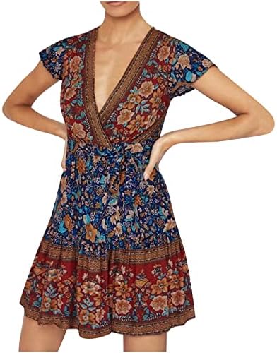 Rochie de leagăn Casual pentru femei Deep V-Neck Cu mânecă scurtă rochie de imprimare pe plajă mini rochii de vară pentru femei
