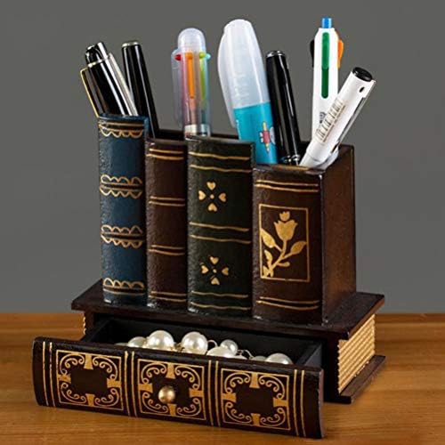 Hemoton Home Decor Cartea Fake Decorative pentru creion din lemn Suport pentru bibliotecă de epocă Cărți creion Cupa pentru