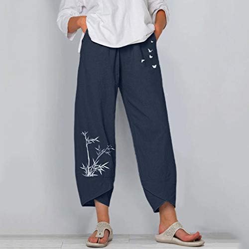 Grge Beuu Loose montare de lenjerie de bumbac Capris pentru femei pantaloni cu imprimeu cu talie elastică casual, culturile