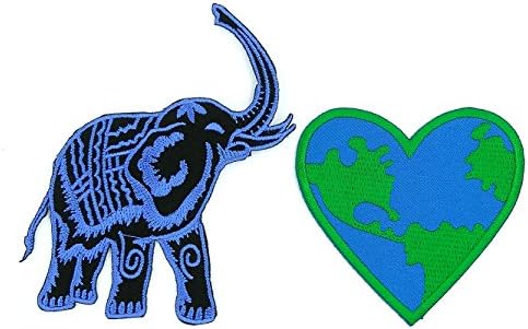 Peace004 Blue Elephant and Love Earth - 2 PC -uri de Patch -uri brodate pentru aplicare - Patch de elefant albastru, Patch