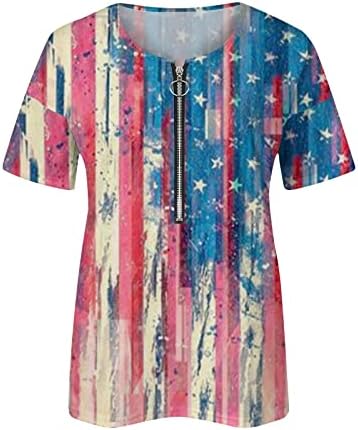 4 iulie Top pentru femei 2023 Ziua Independenței de vară tricouri steag American stea cu dungi cu gât în V bluze cu fermoar