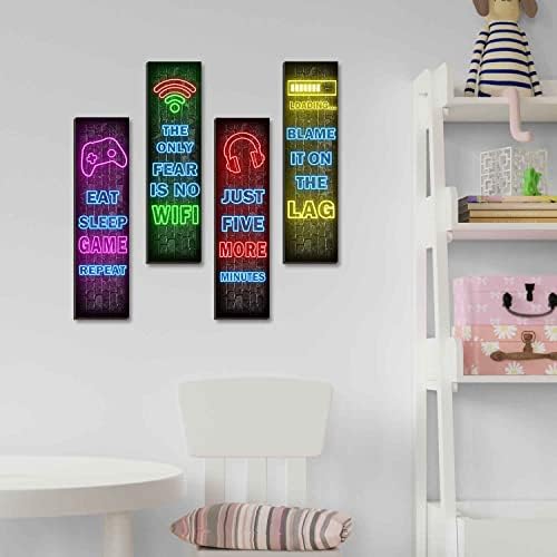 Neon Gaming Wall Decor Set de 4 - decorațiuni pentru camere pentru băieți pentru dormitor, neon jocuri de joc imprimeu placă