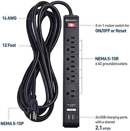 CABLE MATTERS 2-PACK 6 OUTLET Surge Protector Power Strip cu porturi de încărcare USB, 300 joule cu cablu de alimentare de