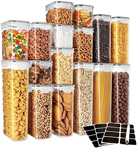 Set de containere etanșe pentru depozitarea alimentelor Mr. SIGA 16 Pack, organizare de cămară de bucătărie fără BPA, canistre de bucătărie pentru cereale, spaghete, include 24 de etichete autocolante reutilizabile și 1 Marker de cretă șters