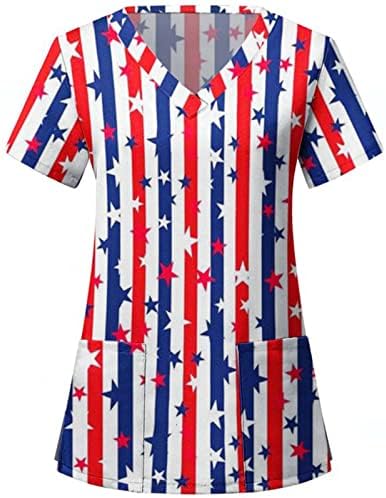 4 iulie bluza pentru femei vara maneca scurta V gât Tees cu 2 buzunare USA Flag Workwear vacanță Casual bluza Top